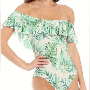 Gianni Bini Green Off-The-Shoulder One Piece Ruffle Swimsuit Size XS